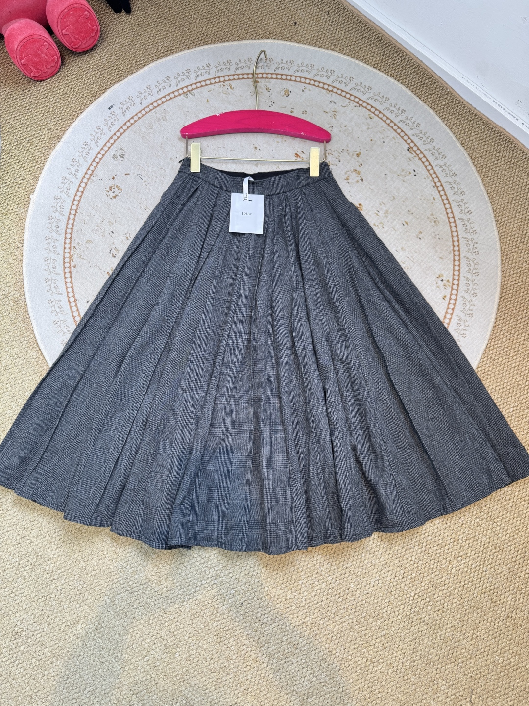 Gray Check Pleated Midi Skirt