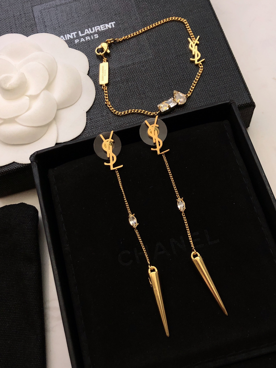 Saint Laurent Cassandre Spike Crystal Drop earrings gold-tone metal with clear faceted crystals 6 5cm drop length