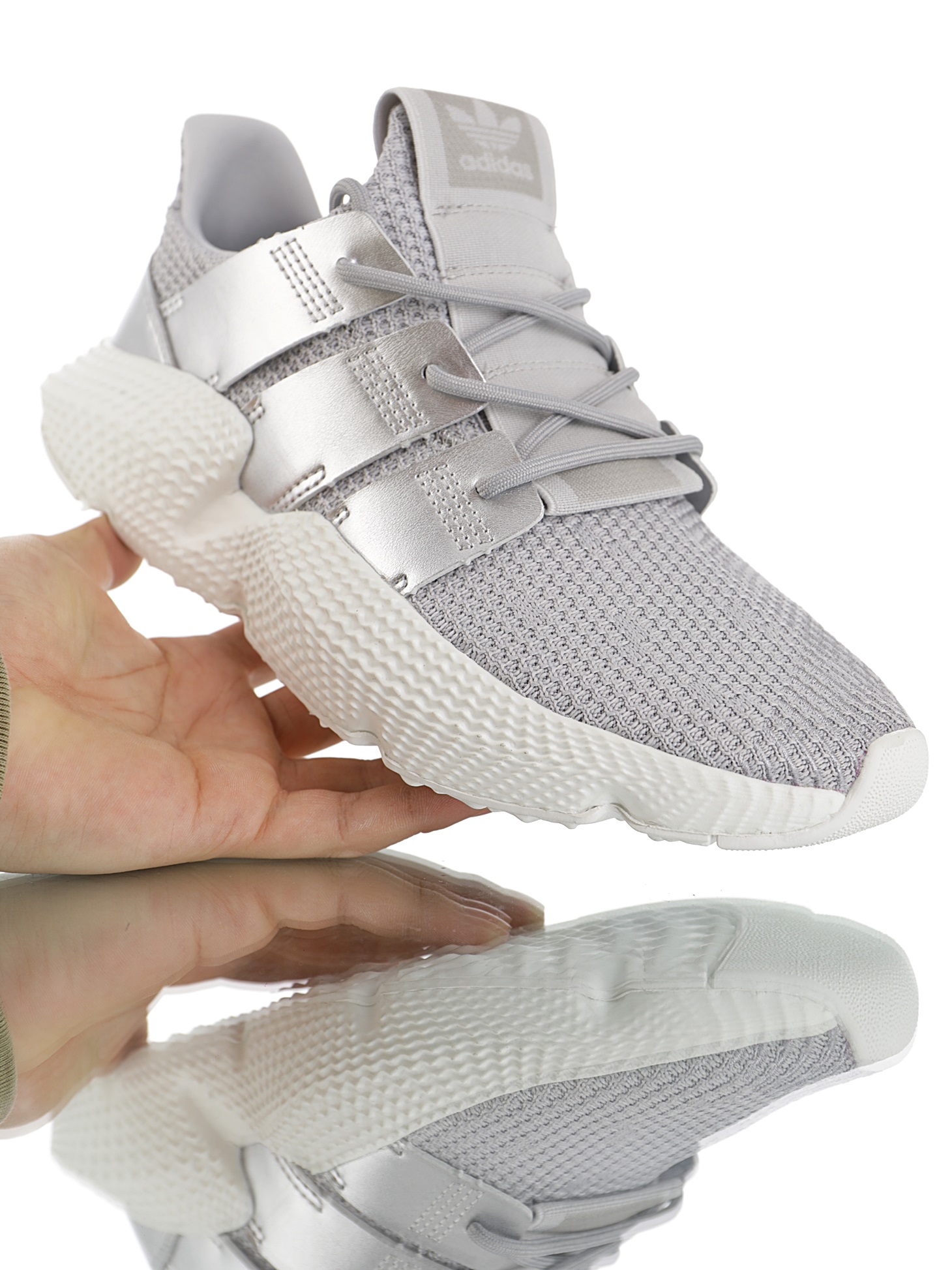 170 男女鞋，真标带半码  三叶草adidas Originals Prophere刺猬套脚飞织百搭慢跑鞋“针织灰漆皮银”CG6069