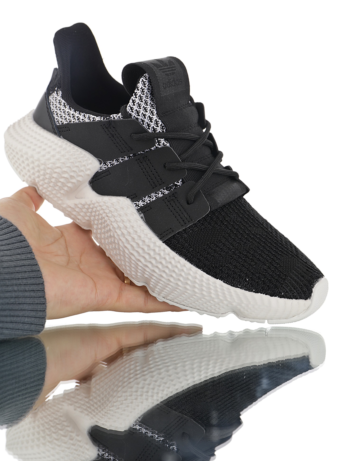 190 男女鞋，真标带半码  三叶草adidas Originals Prophere刺猬套脚飞织百搭慢跑鞋“针织黑白斑驳”CG6485
