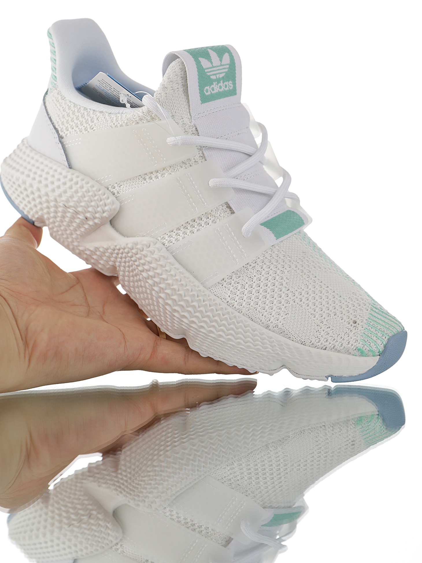 190 男女鞋，真标带半码  三叶草adidas Originals Prophere刺猬套脚飞织百搭慢跑鞋“针织白薄荷绿兰”F36910