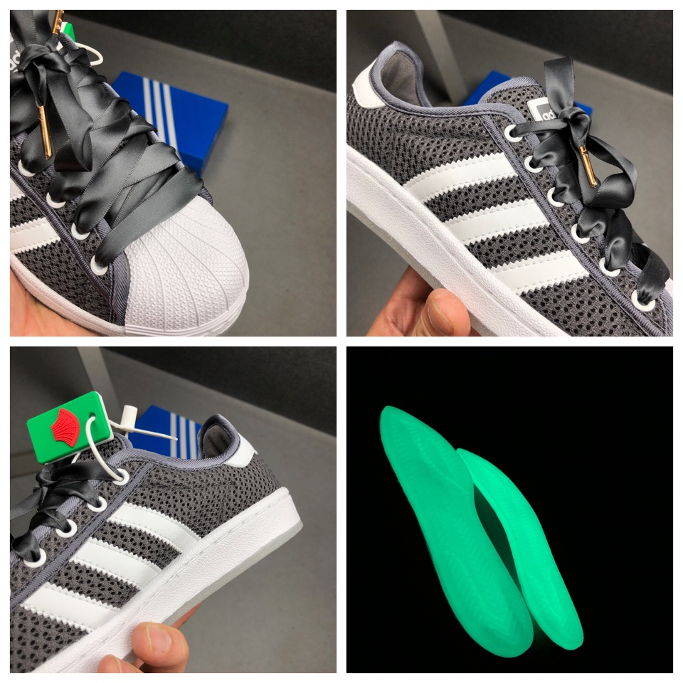 160。货号：S82579ADIDAS SUPERSTAR ORIGINALS 夜光铜头！  2019年度全新黑白配色网布贝壳头 透气清凉一整夏  标配蝴蝶结超厚丝绸鞋带
