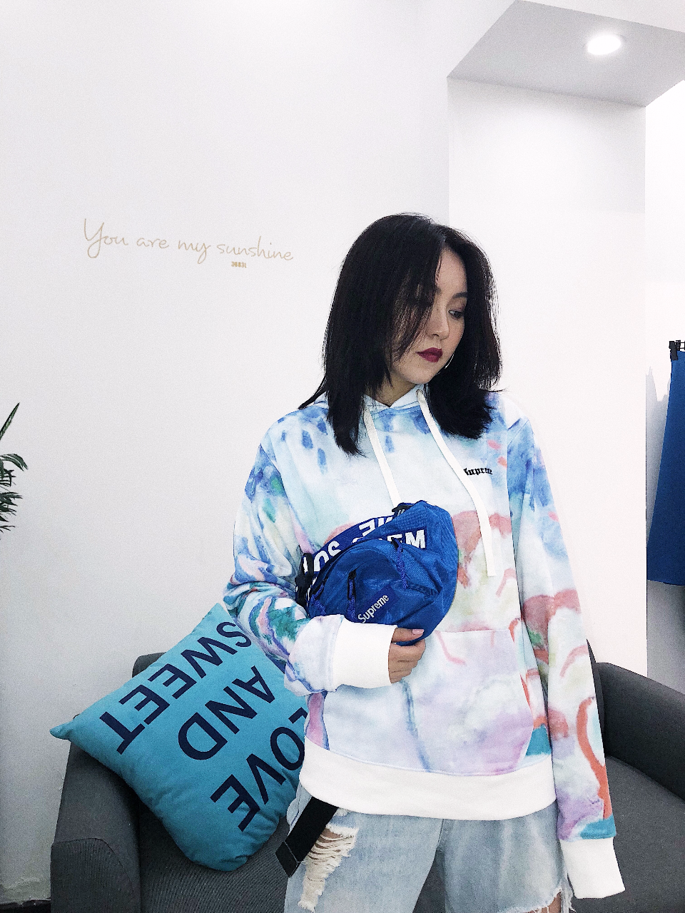 80元 supreme扎染水彩风景卫衣连帽上衣外套 美潮 男女情侣同款