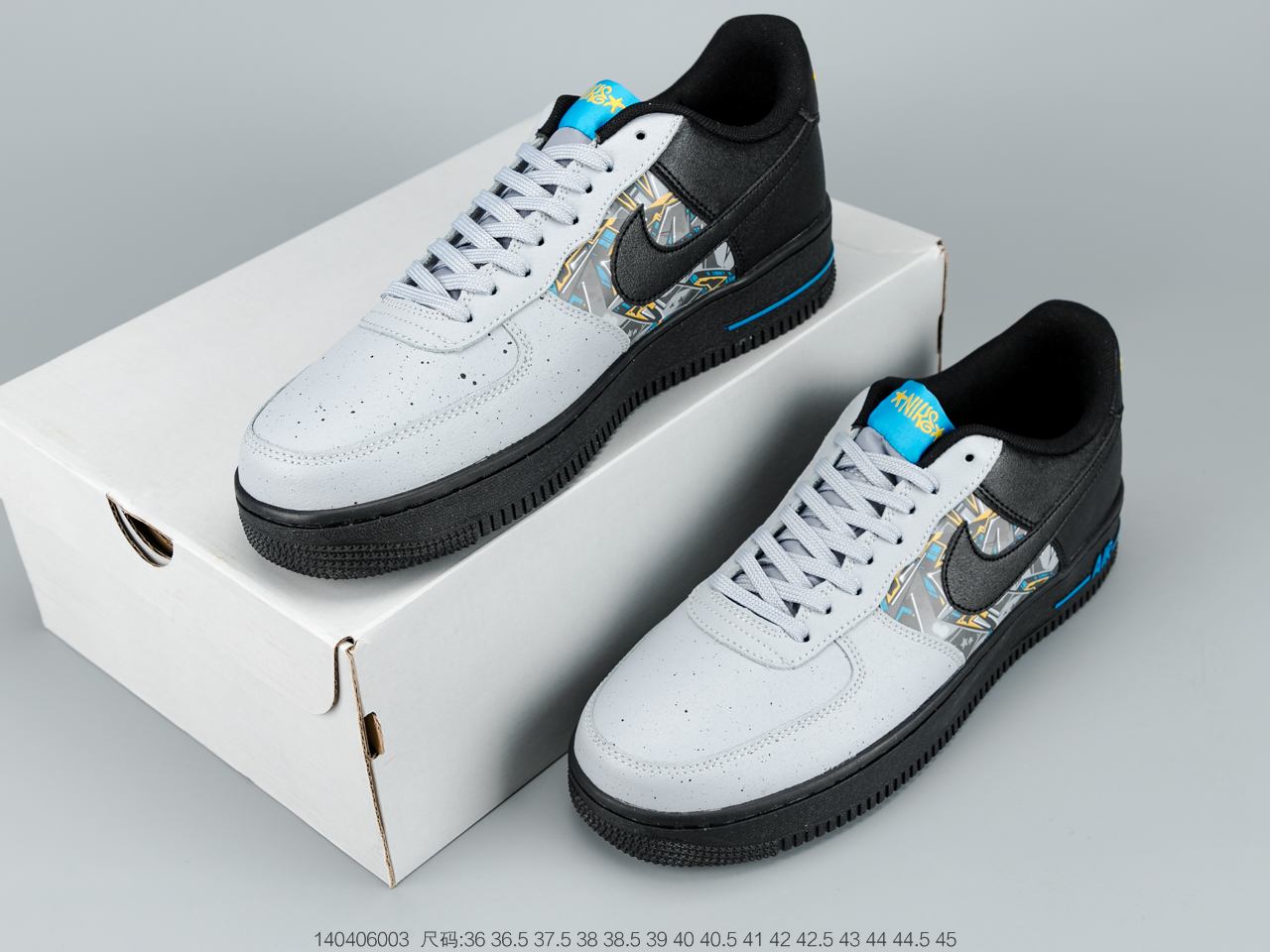 160 耐克 Nike Air Force 1 Low 黑灰蓝涂鸦拼接空军一号低帮休闲板鞋 CQ4217-001