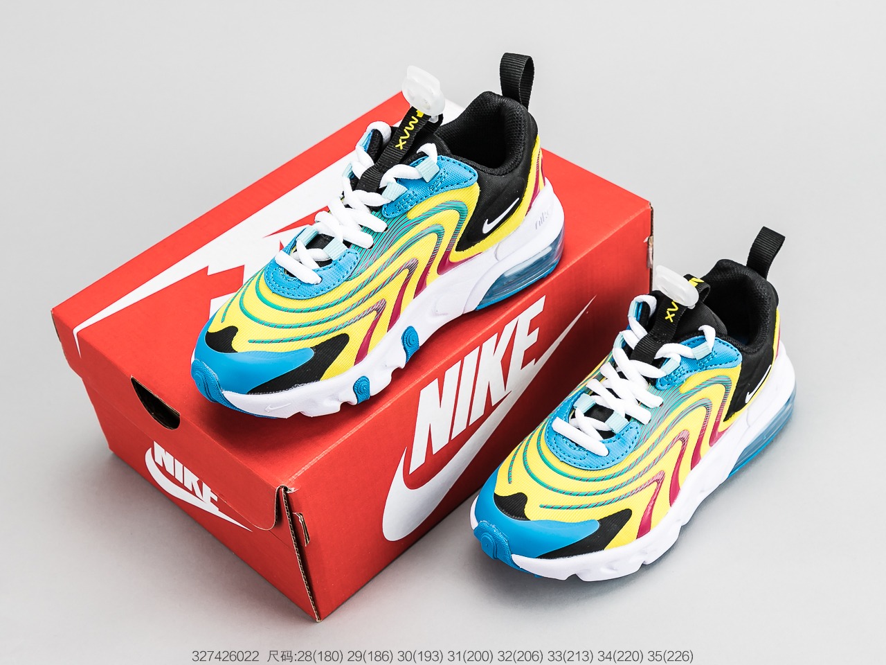 120童鞋 耐克Nike Air Max 270 React 气垫慢跑童鞋原盒配置