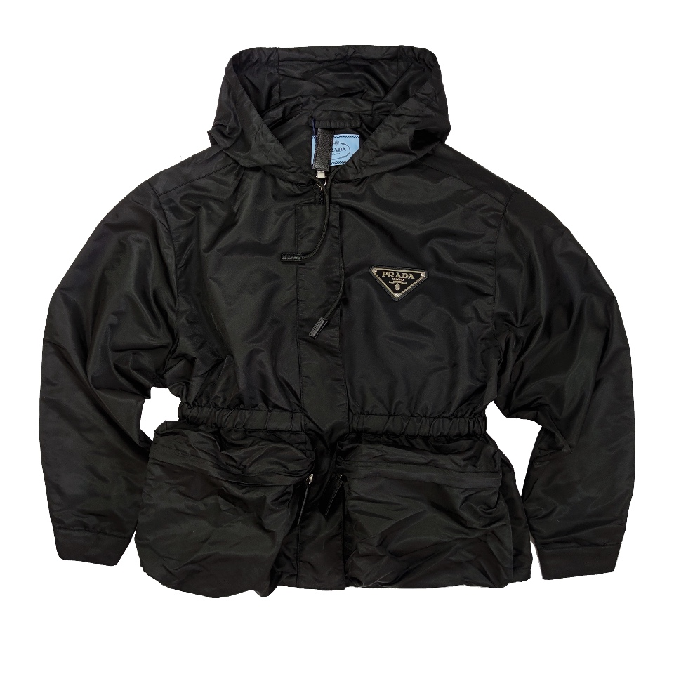 Top Prada hooded windbreaker with drawstring, large pockets, and waist-cinching design. Nylon fabric, slim fit. Sizes S, M, L.-Big cat