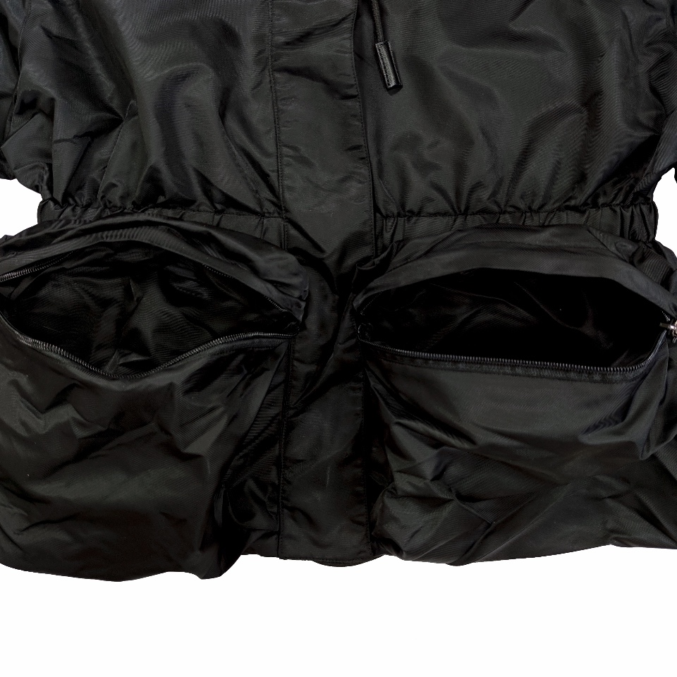 Top Prada hooded windbreaker with drawstring, large pockets, and waist-cinching design. Nylon fabric, slim fit. Sizes S, M, L.-Big cat