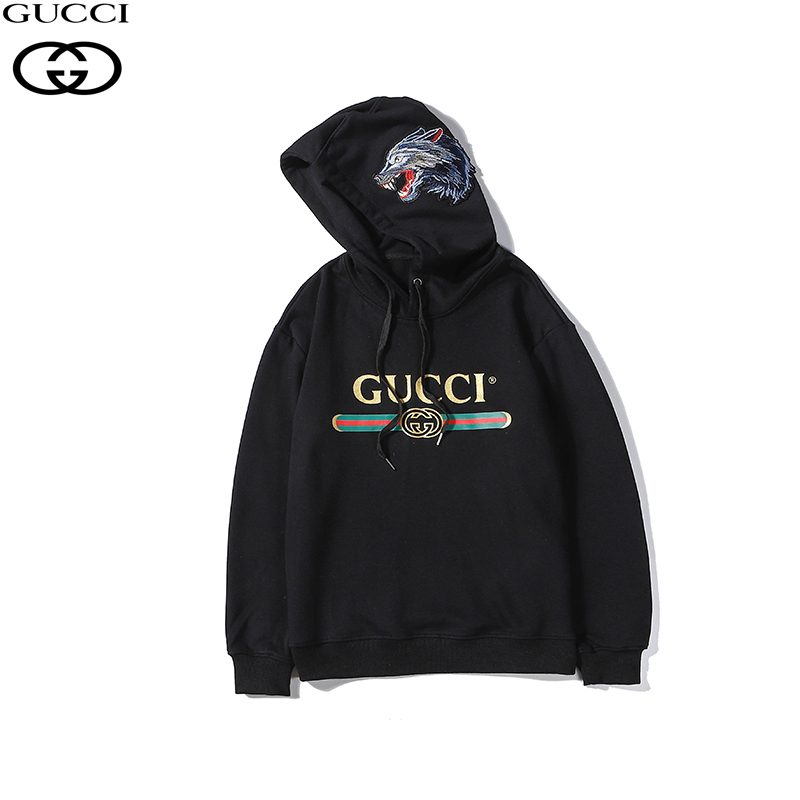 GUCCI 古驰20ss秋季新款狼头贴布刺绣情侣连帽卫衣