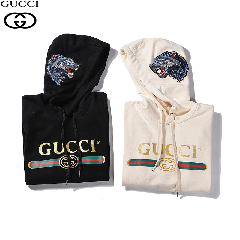 GUCCI 古驰20ss秋季新款狼头贴布刺绣情侣连帽卫衣