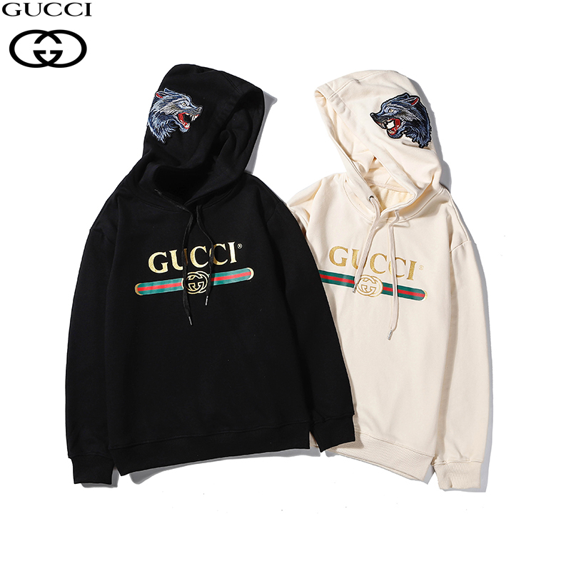 GUCCI 古驰20ss秋季新款狼头贴布刺绣情侣连帽卫衣