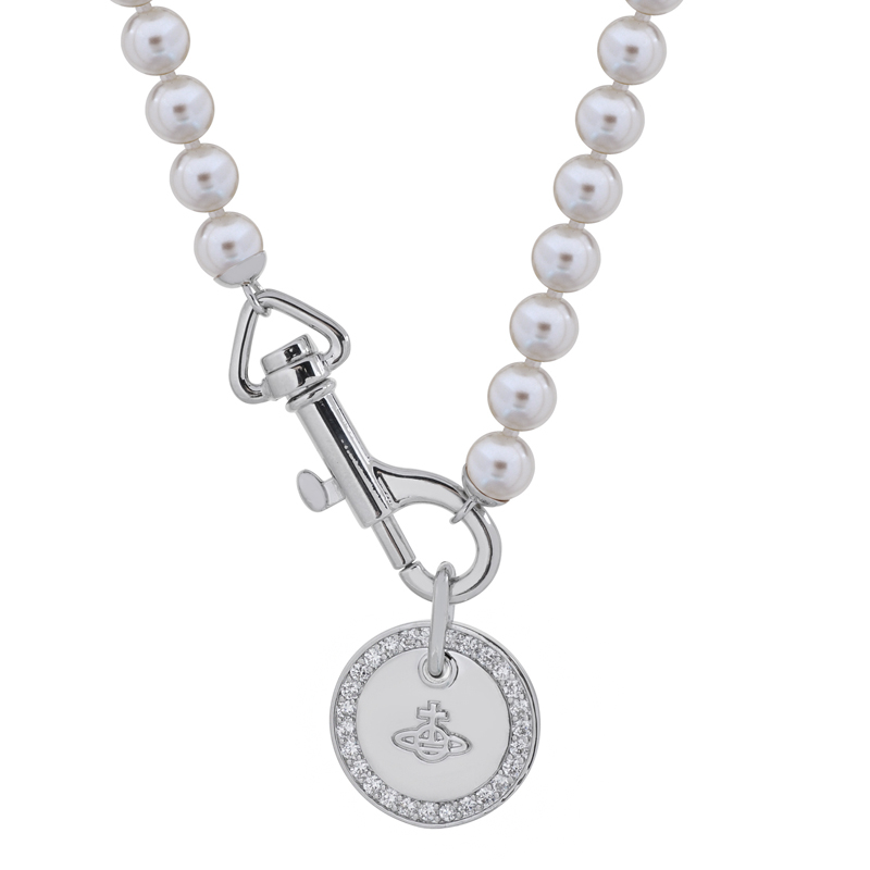 NO:103474,Queen Mother Zircon Round Brand Triangle Punch Pearl Necklace - Platinum, Queen Mother Necklace, Necklace19860909西太后锆石圆牌三角扣珍珠项链-白金色,西太后项链,necklace,Jewelry