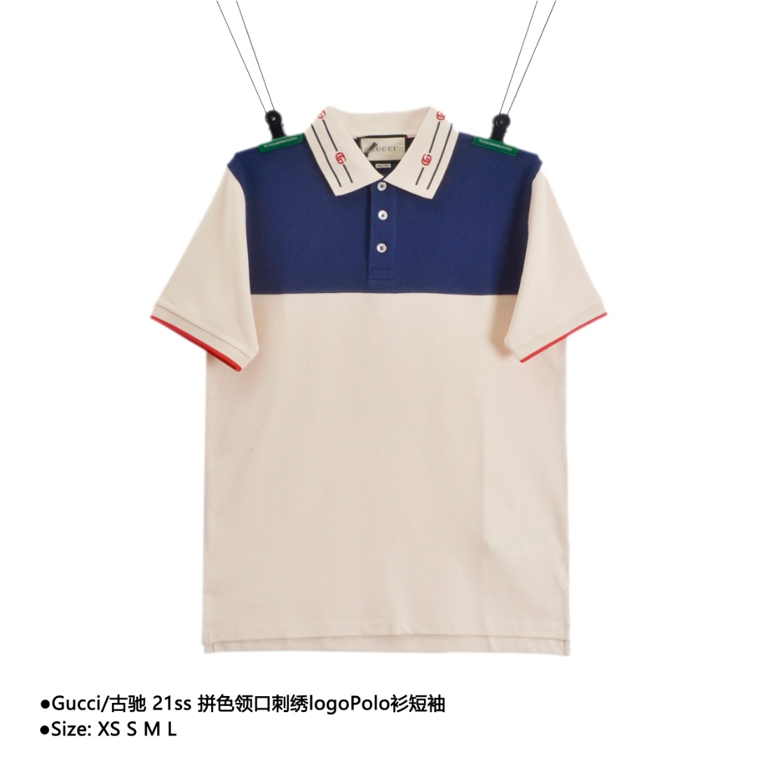 Gucci/古驰 21ss 拼色领口刺绣logoPolo衫短袖