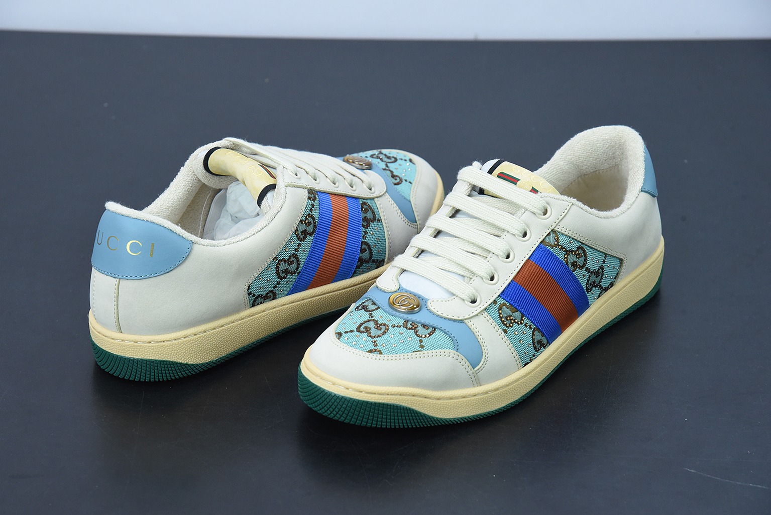 Gucci古驰小脏鞋系列 纯原绿盒 Distressed Screener sneaker 经典原型复古百搭做旧小脏板鞋