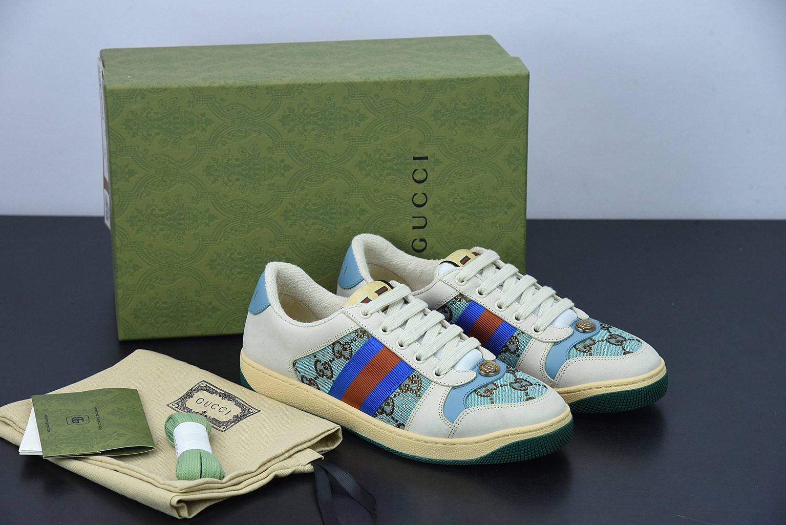 Gucci古驰小脏鞋系列 纯原绿盒 Distressed Screener sneaker 经典原型复古百搭做旧小脏板鞋