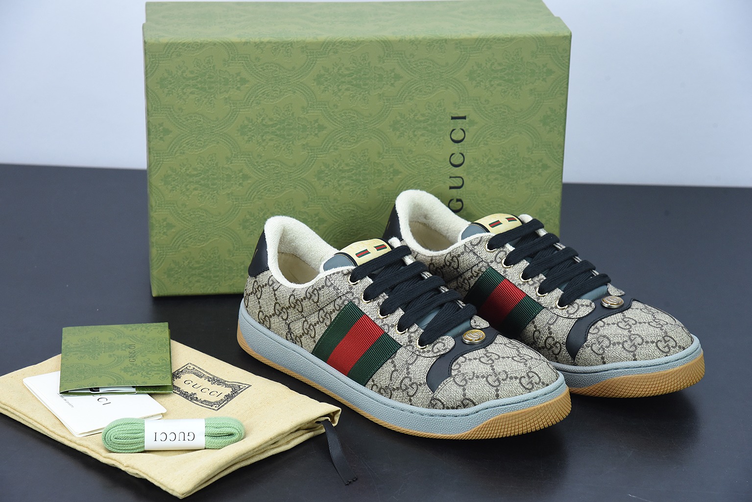 Gucci古驰小脏鞋系列 纯原绿盒 Distressed Screener sneaker 经典原型复古百搭做旧小脏板鞋