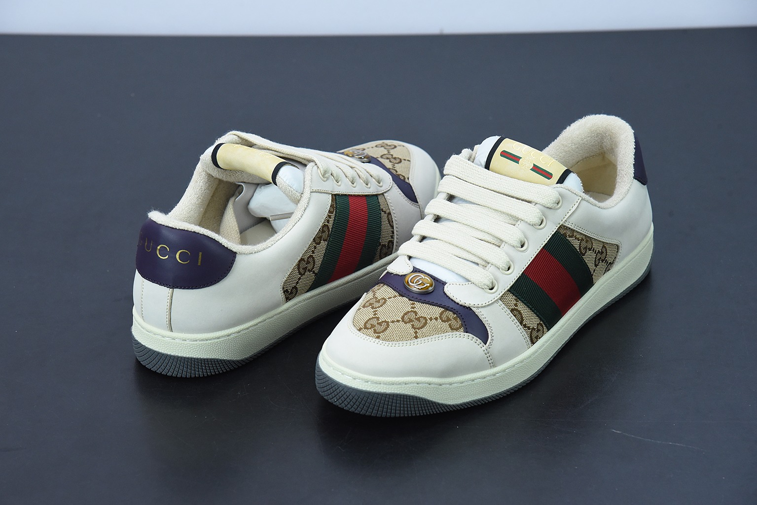 Gucci古驰小脏鞋系列 纯原绿盒 Distressed Screener sneaker 经典原型复古百搭做旧小脏板鞋