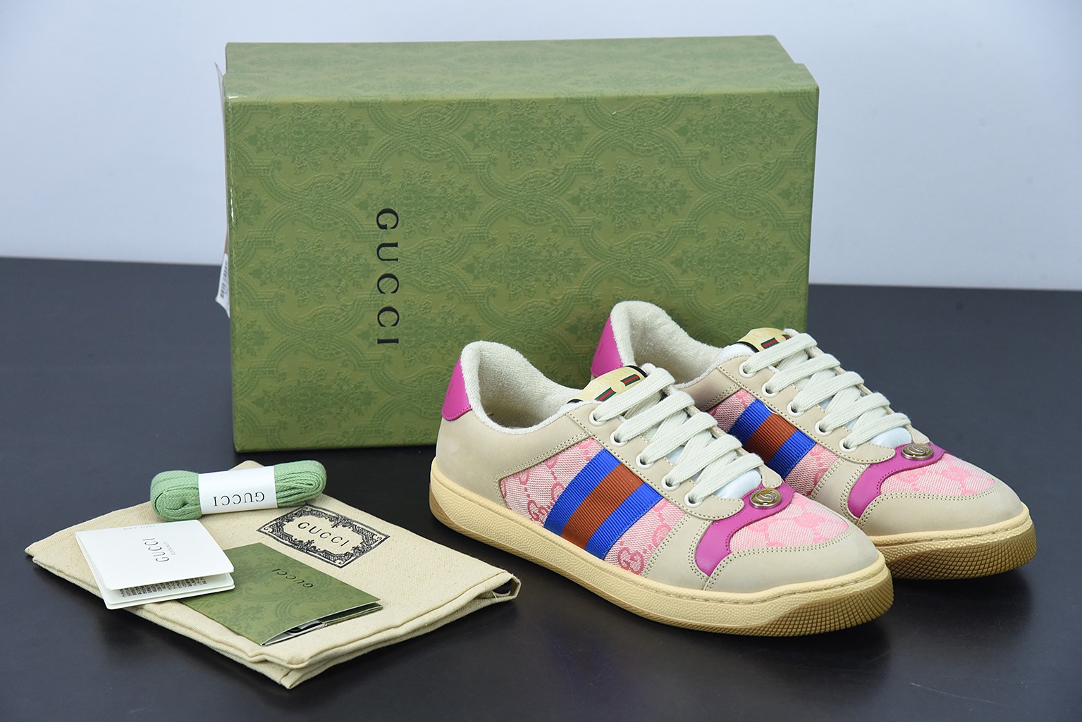 Gucci古驰小脏鞋系列 纯原绿盒 Distressed Screener sneaker 经典原型复古百搭做旧小脏板鞋