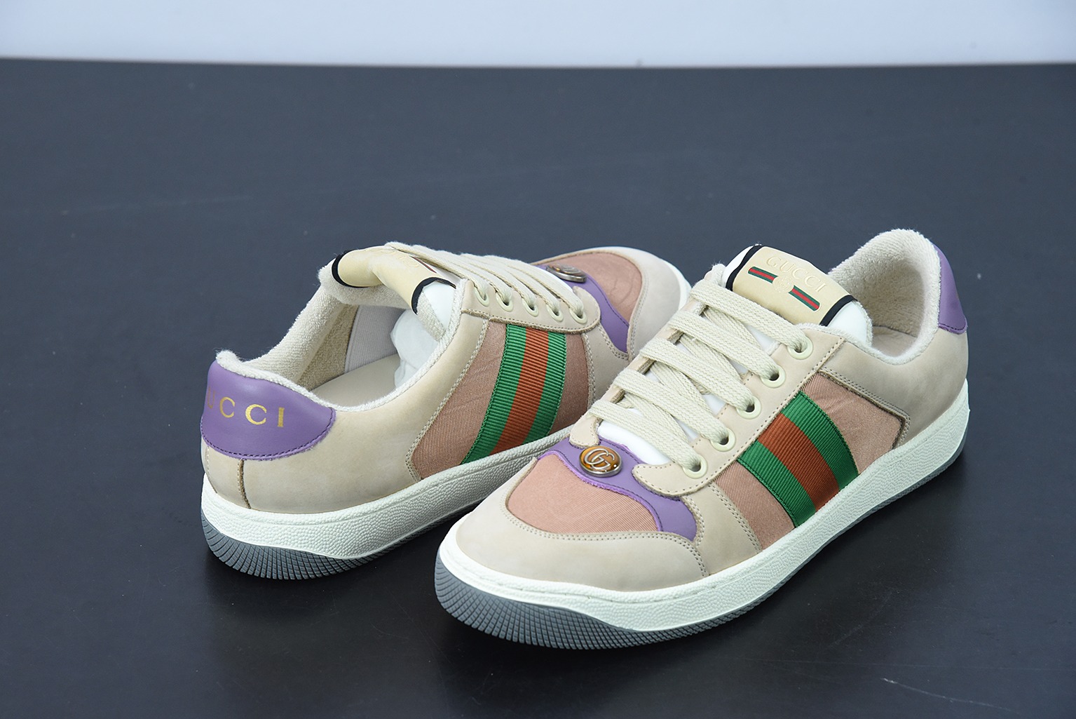 Gucci古驰小脏鞋系列 纯原绿盒 Distressed Screener sneaker 经典原型复古百搭做旧小脏板鞋