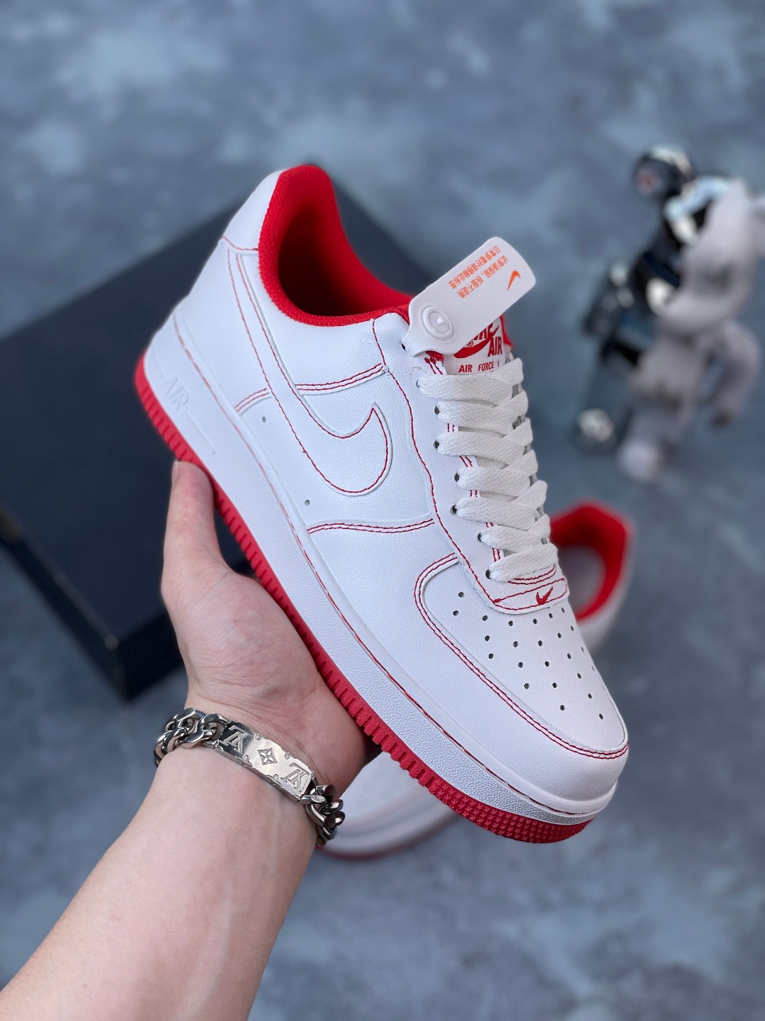 Nike Air Force Low 1 (GS) costuras blanco y rojo, Air Force 1 low top deportivas casuales de skate, nivel original, hor…