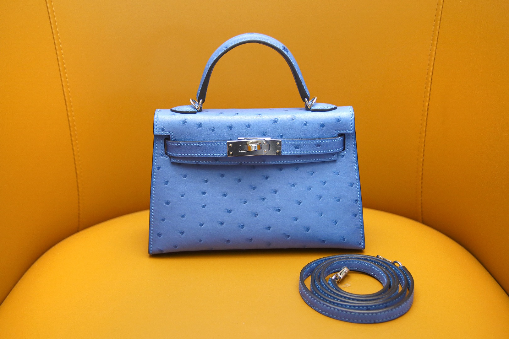 Hermes Kelly Handbags Crossbody & Shoulder Bags Blue Silver Hardware Ostrich Leather Mini