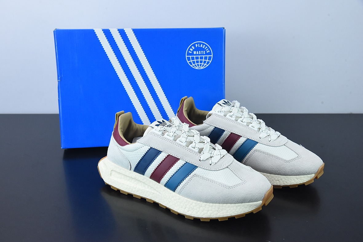 阿迪达斯 Originals Retropy Boost E5系列复古赛车原型一代“皮革浅灰深蓝酒红”运动鞋 GW1635