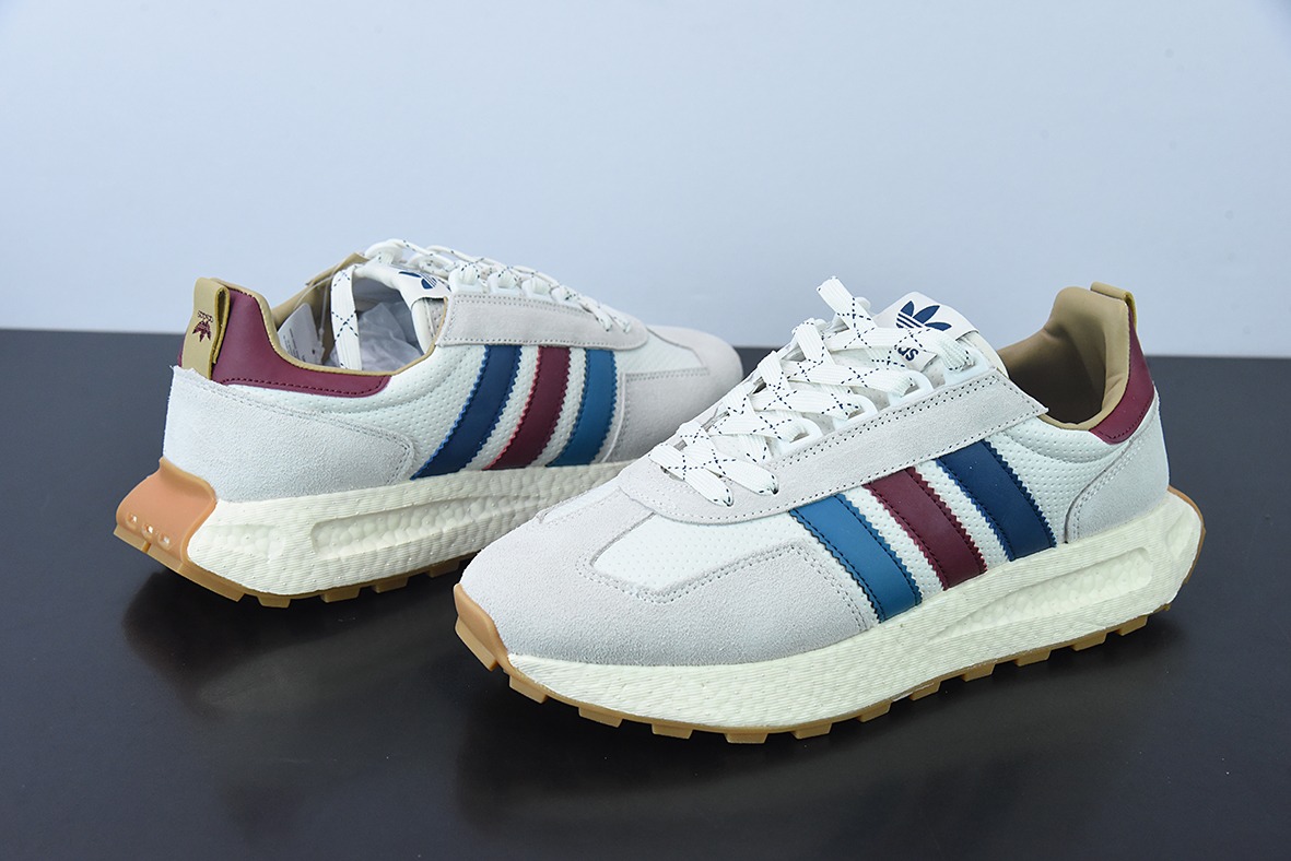 阿迪达斯 Originals Retropy Boost E5系列复古赛车原型一代“皮革浅灰深蓝酒红”运动鞋 GW1635