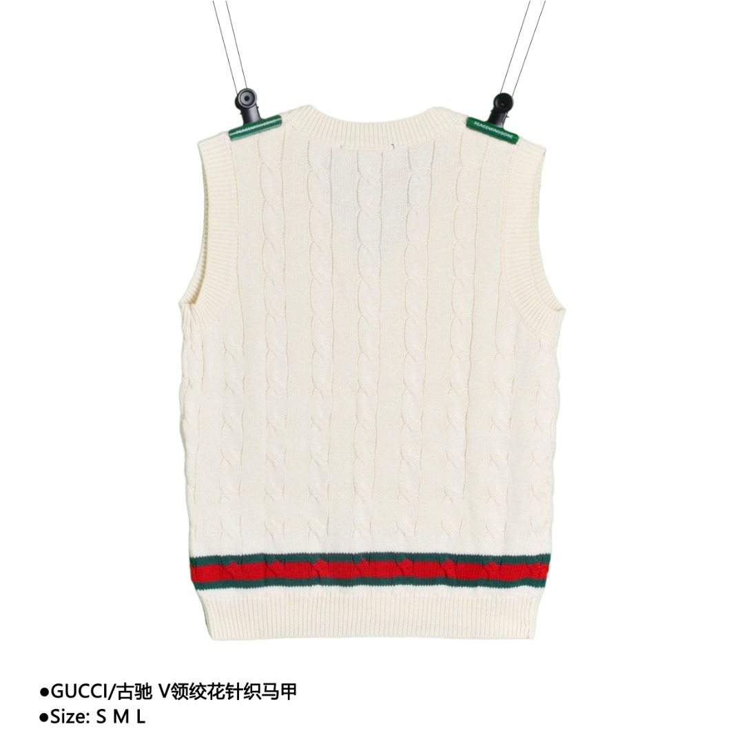 GUCCI/ V-neck cable-knit vest Size: SML This V-neck cable-knit vest has classic red and green webbing details on the hem