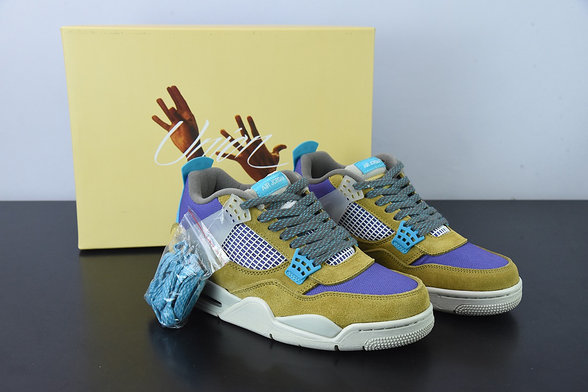 D0F1S5 纯原Air Jordan 4  AJ4  棕黄紫色 Union LA 联名男子运动鞋 荒漠苔藓30周年货号：DJ5718 300