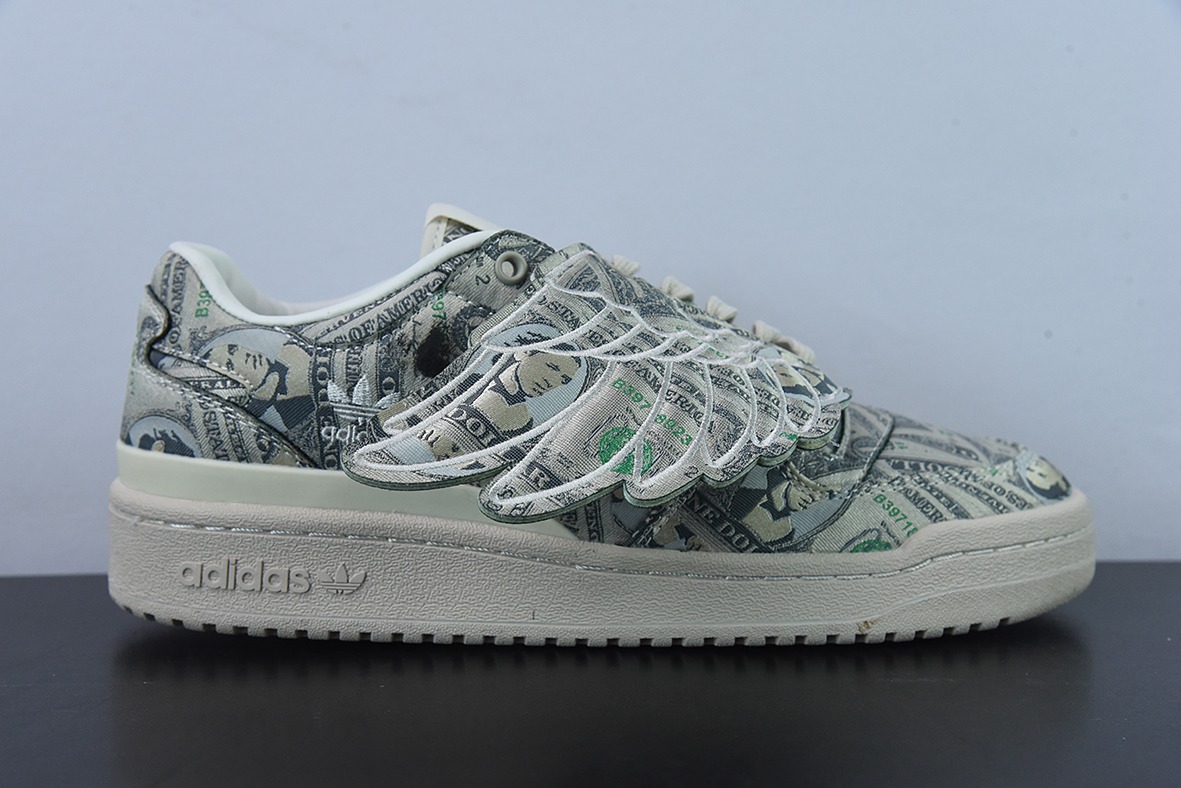 阿迪达斯/adidas Forum Low JS 联名 米绿色满印纸钞翅膀低帮板鞋  货号：GX6393YF
