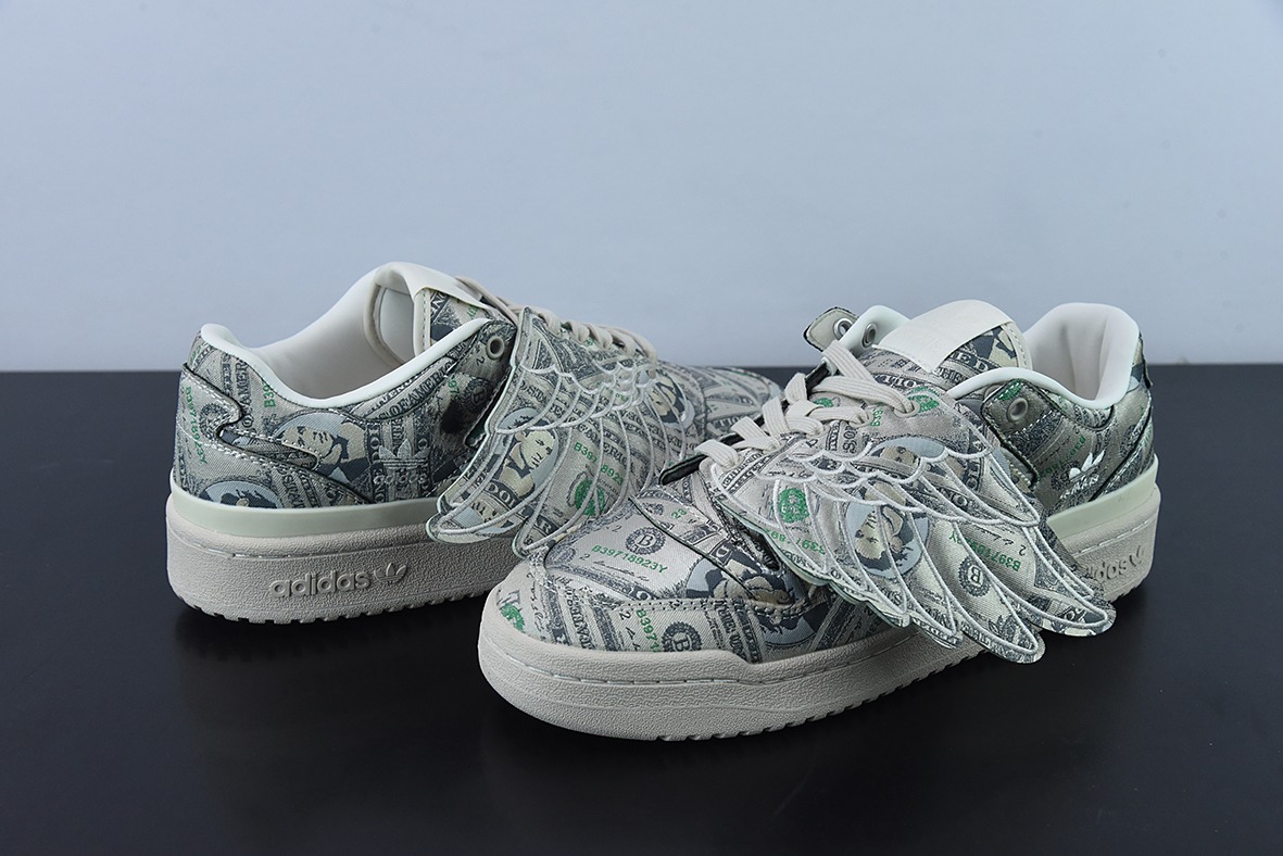 阿迪达斯/adidas Forum Low JS 联名 米绿色满印纸钞翅膀低帮板鞋  货号：GX6393YF