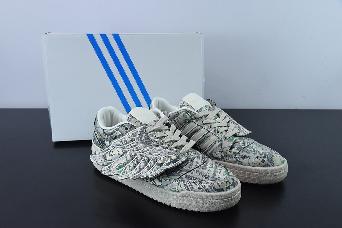 阿迪达斯/adidas Forum Low JS 联名 米绿色满印纸钞翅膀低帮板鞋  货号：GX6393YF