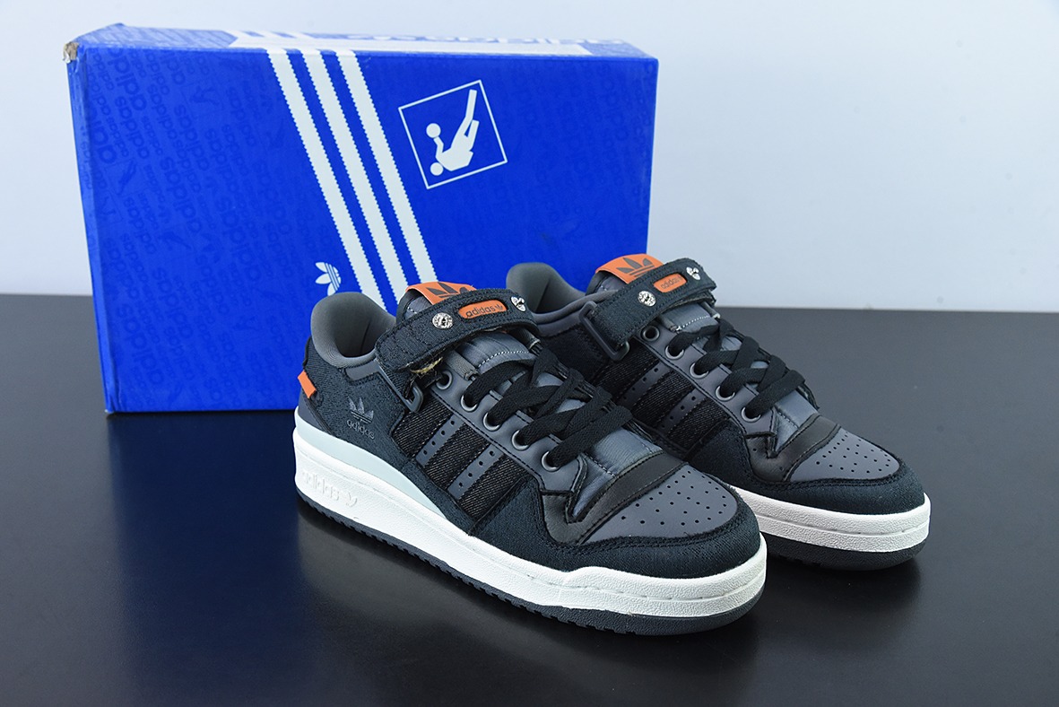 阿迪达斯Adidas三叶草 Originals Forum 84 Low 罗马系列魔术贴低帮复古系带百搭休闲运动板鞋“牛仔炭黑灰橙”HQ6335
