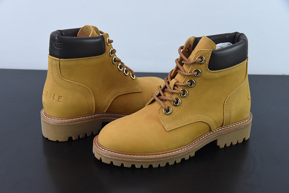 Celine赛琳 Lace Up Boots"Wheat"女神款百搭英伦风中筒机车军装马丁靴“磨砂麦黄黑”P210014862