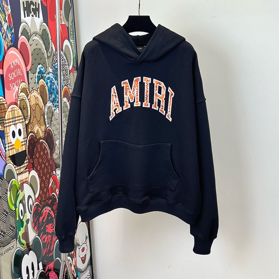Amiri 1:1
 Clothing Hoodies Black Embroidery Men Fall/Winter Collection Hooded Top