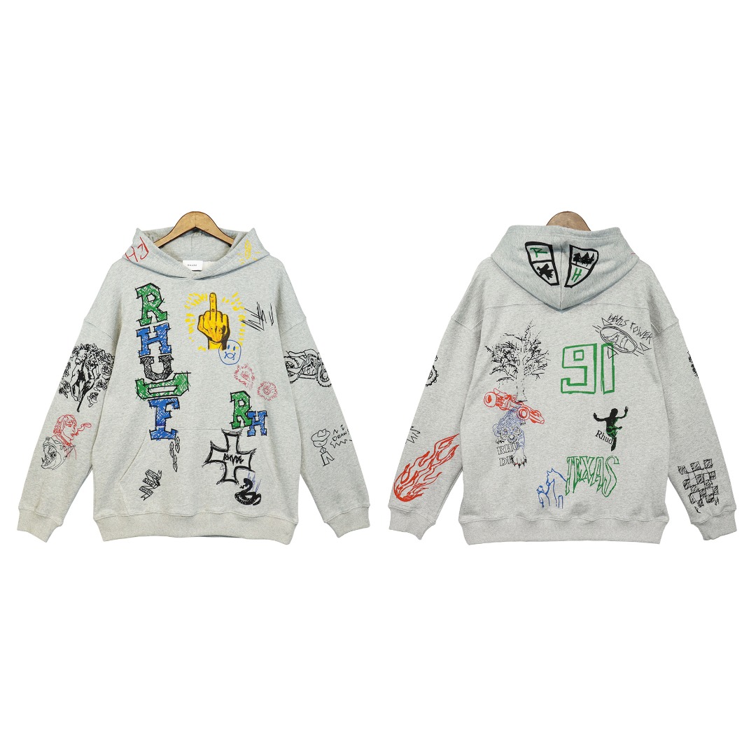 Rhude Clothing Hoodies Doodle Grey Unisex Fall/Winter Collection Hooded Top