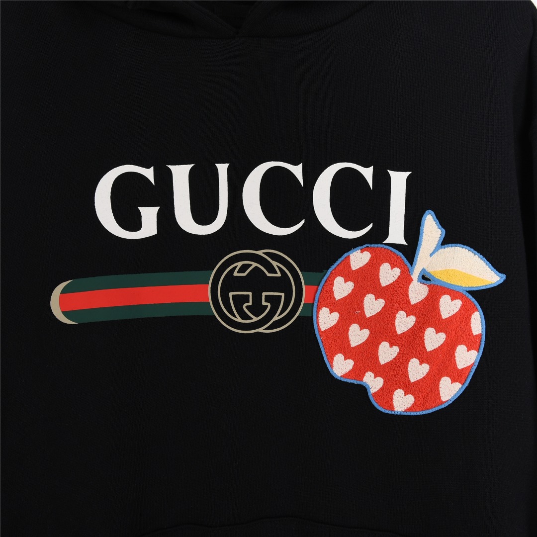 Gucci古驰 21ss 立体爱心苹果刺绣logo印花情侣款连帽卫衣