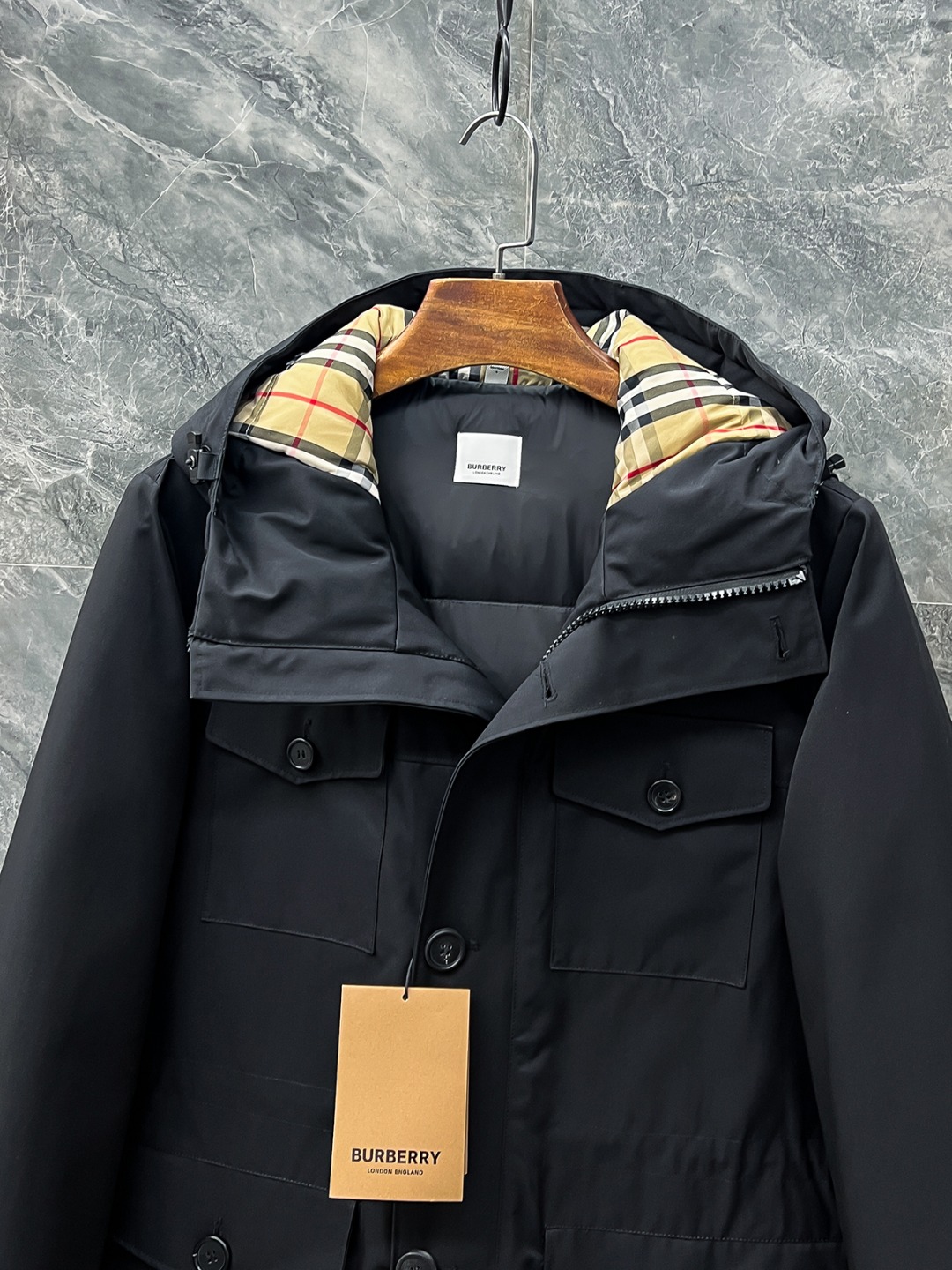 【新品】2022秋冬Bur*erry连帽中长款羽绒大衣夹克外套