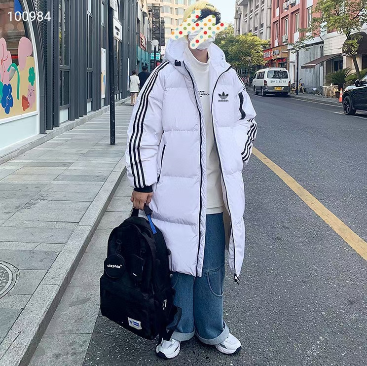 【三叶草长款三条杠羽绒服】 Adidas阿迪达斯三叶草三条杠专柜情侣款中长款羽绒服