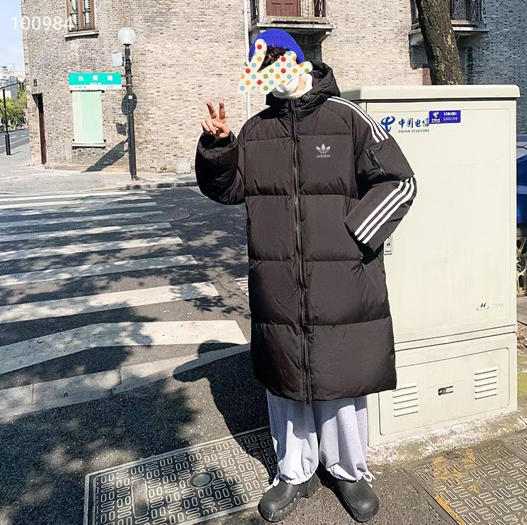 【三叶草长款三条杠羽绒服】 Adidas阿迪达斯三叶草三条杠专柜情侣款中长款羽绒服