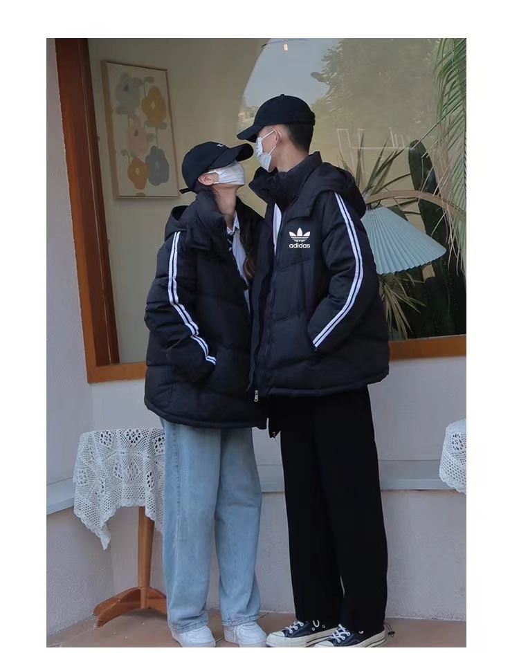 200 Adidas阿迪达斯三叶草 专柜小logo印花三杠连帽加厚羽绒短款棉服暖冬必备推送