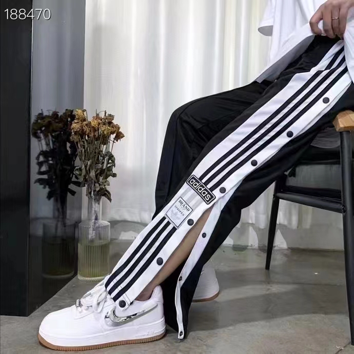 –Adidas/阿迪达斯三叶草侧条纹排扣阔腿直筒裤