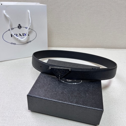 Prada Saffiano Leather Belt with Triangle Logo Buckle, 3.4cm Wide 1 Prada Saffiano Leather Belt with Triangle Logo Buckle, 3.4cm Wide