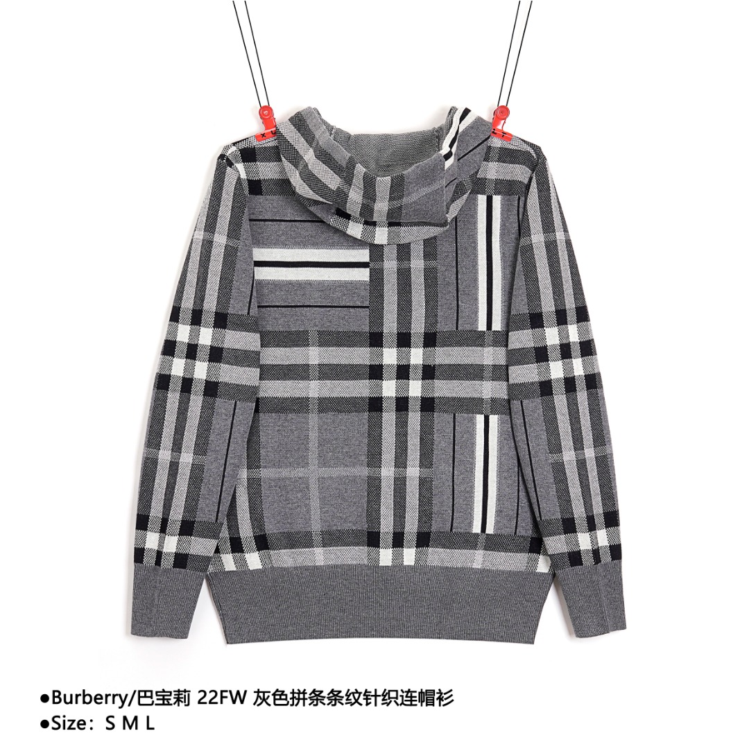 340 Burberry/巴宝莉 22FW 灰色拼条条纹针织连帽衫 S