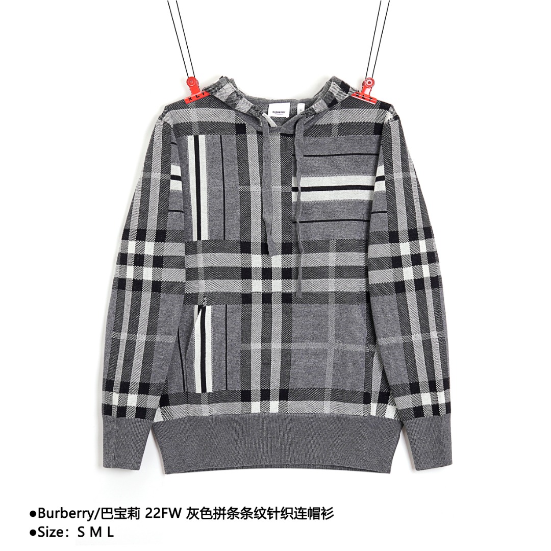 340 Burberry/巴宝莉 22FW 灰色拼条条纹针织连帽衫 S