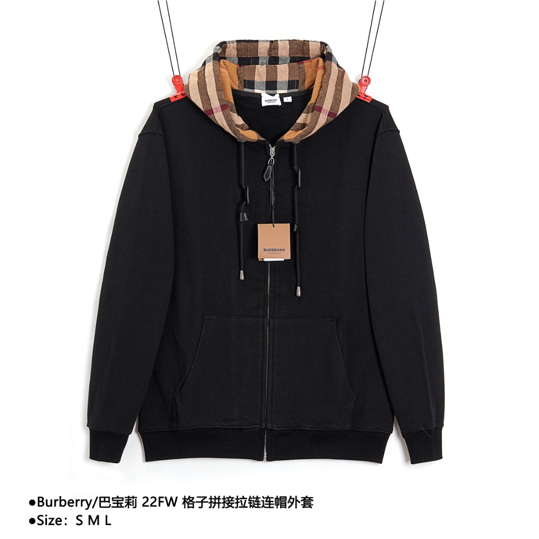 300 Burberry/巴宝莉 22FW 格子拼接拉链连帽外套