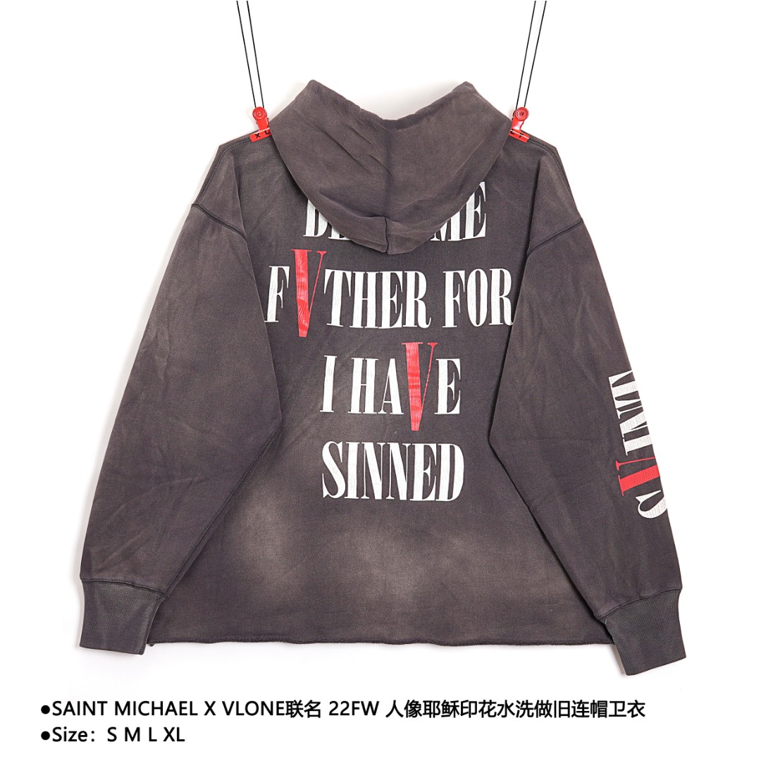 360 SAINT MICHAEL X VLONE联名 22FW 人像耶稣印花水洗做旧连帽卫衣