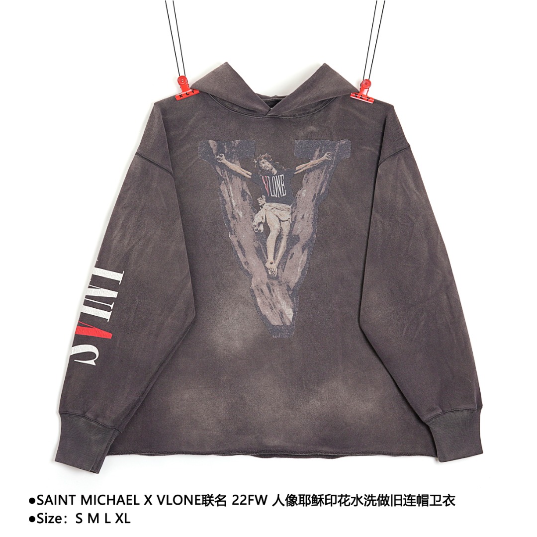 360 SAINT MICHAEL X VLONE联名 22FW 人像耶稣印花水洗做旧连帽卫衣