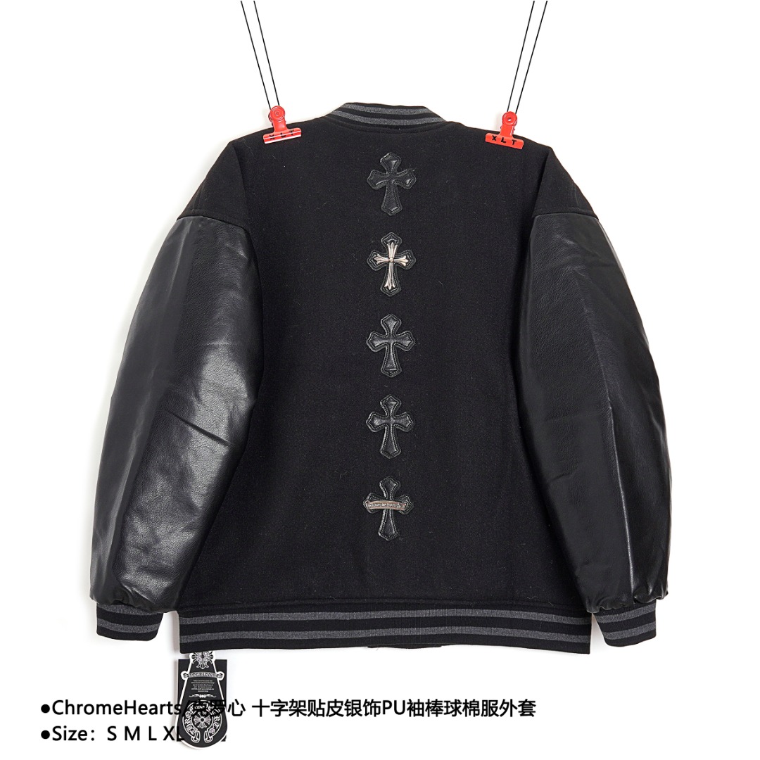 340 ChromeHearts/克罗心 十字架贴皮银饰PU袖棒球棉服外套