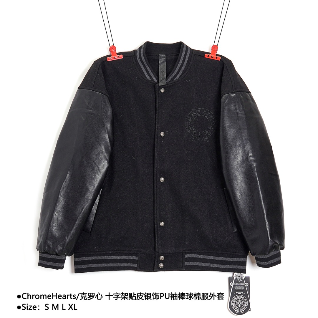 340 ChromeHearts/克罗心 十字架贴皮银饰PU袖棒球棉服外套