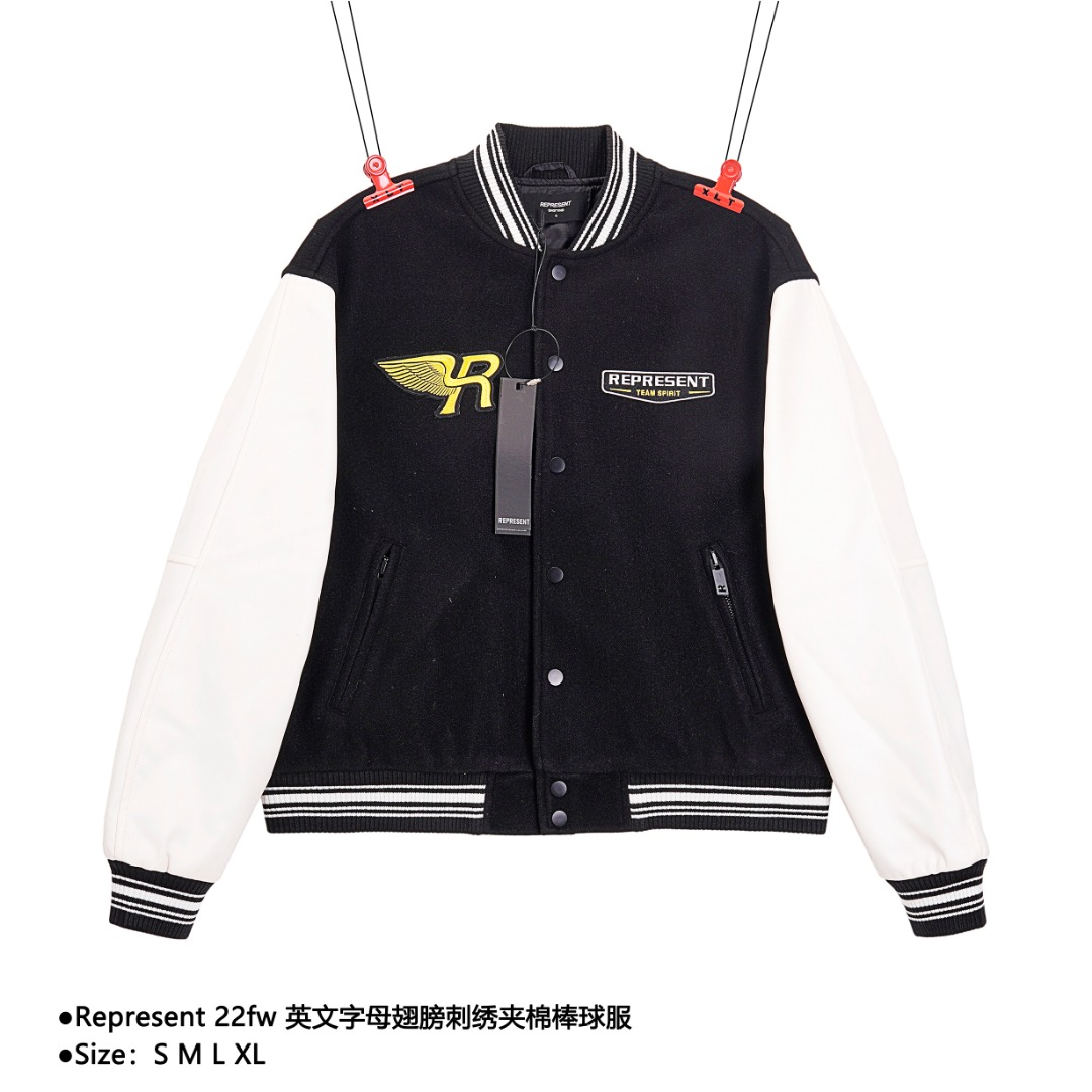 450 Represent 22fw 英文字母翅膀刺绣夹棉棒球服